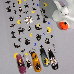 Halloween matte 3D nail stickers featuring black cats and moons for festive DIY manicures