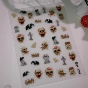 3D embossed Halloween nail stickers featuring skull bat and tombstone relief designs