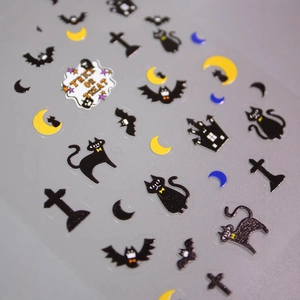 Halloween nail stickers with black cats, moons and bats in 3D matte embossed texture