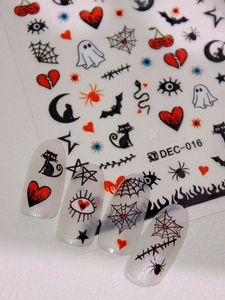 Detail of DEC-016 Halloween nail decals with gothic black cats and ghosts on white nails