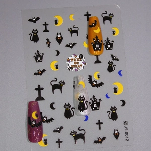 Halloween nail art stickers with black cat and moon designs on matte 3D decals