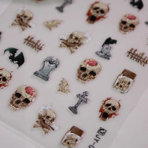 3D embossed Halloween nail stickers featuring gothic skull, tombstone and bat designs