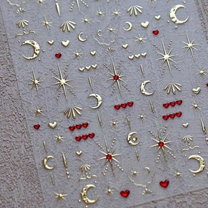 3D Embossed Gold Moon Star Nail Stickers Heart Planet Celestial Manicure Decor Self Adhesive Bronzing Jelly Nail Art Decals For Women