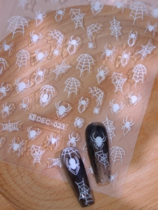 Detailed 5D white spider web embossed nail art stickers with sample display DEC-023