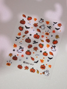 Detail of Halloween nail decals DEC-017 with pumpkins ghosts and bats for DIY manicure
