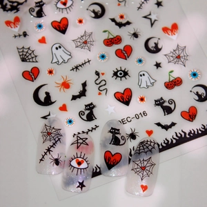 Halloween Nail Art Stickers Black Cat Bat Spider Web Ghost Red Heart Decals Gothic Self Adhesive Nail Art Accessories