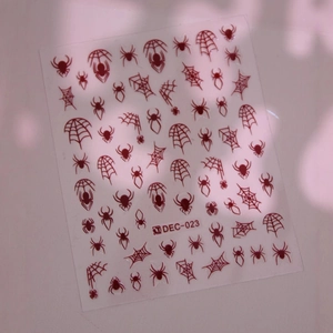 Halloween spider and web self-adhesive nail art decals with deep red patterns, model DEC-023