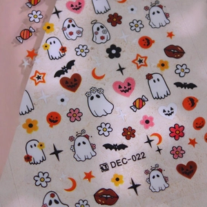 Halloween nail art decals featuring ghosts, pumpkins, and bats on a DEC-022 single sheet