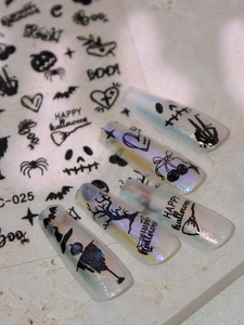 Detail of Halloween nail stickers model C-025 with black spiders and pumpkin patterns