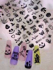 Detailed Halloween black sketch nail art decals featuring pumpkins, bats, and spiders
