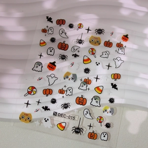Halloween nail art stickers with cute pumpkin, ghost, and cat patterns on DEC-015 sheet