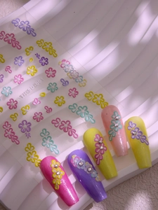 Detail showing 5D embossed floral nail stickers with multidimensional petal textures