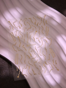 Macro detail of gold metallic wavy line nail art stickers with item number JY-0024