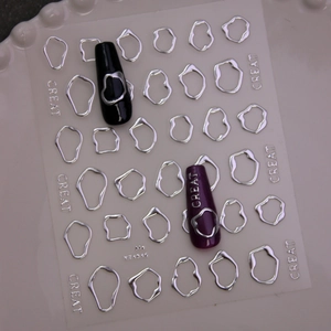 3D metallic silver geometric ring nail art stickers with irregular circular designs