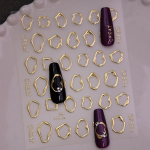 3D metallic gold circular nail stickers featuring embossed irregular geometric ring designs