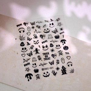 Halloween nail art stickers DEC-021 with black pumpkin, bat, and spider web sketches