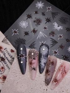 Detail showing 3D jelly blood drips and spider web nail stickers on press-on nails