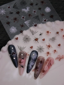 Macro detail of 3D jelly blood stains and spider web nail stickers for Halloween