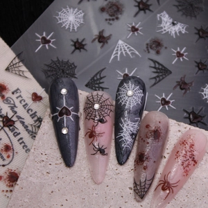3D jelly blood splatter and spider web nail art decals for Halloween stiletto nails