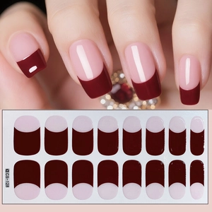 Detail view of CS-128 wine red and pink half-moon french tip adhesive nail stickers