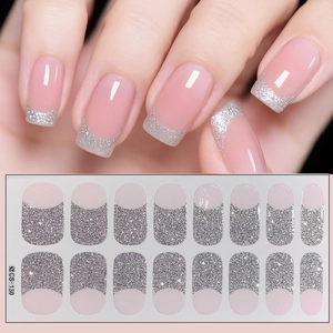 Detail of French manicure stickers CS-130 with silver glitter tips and pink base