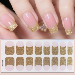 French manicure stickers with nude base and gold glitter tips, set of 16 pieces