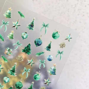 Laser gradient Christmas nail stickers with green trees and golden snowflake elements
