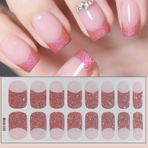Close-up of pink glitter gradient French nail stickers with model showcase and 16pc set
