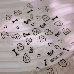 Halloween nail art stickers featuring cute black and white ghosts and 'Boo' text patterns