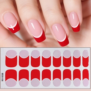 Classic red and white French manicure nail stickers CS-136 showing full sheet and wear effect