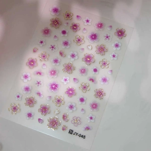 Pink sakura nail stickers with gold foil edges and gradient petals for nail art, JY-045