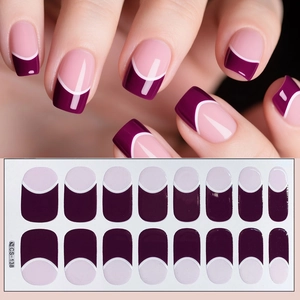 Detail of French style burgundy and pink nail stickers with white arc design CS-138