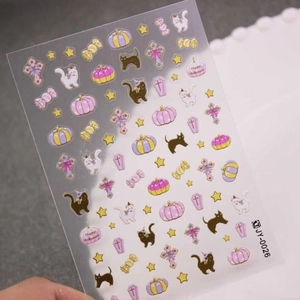 Halloween nail art stickers with black cats pumpkins and gold foil stars on JY-026 sheets
