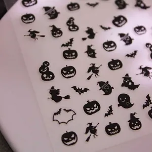 Halloween black 3D embossed nail art stickers featuring pumpkins, bats and witches
