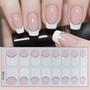 Classic French manicure stickers with pink base, white tips and silver glitter accents