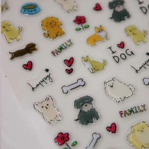 3D embossed cartoon pet dog nail art stickers with cute teddy and corgi motifs