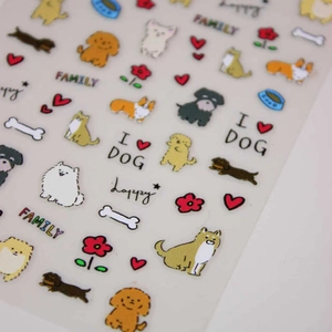 5D cartoon dog embossed nail decals with corgi patterns and heart motifs for DIY manicure