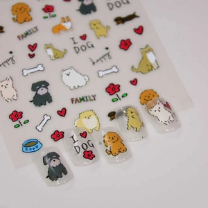 5D embossed dog themed cartoon nail art stickers with Corgi and Poodle designs for DIY