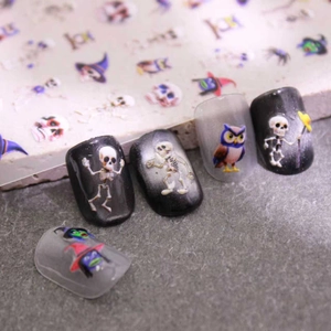 Halloween 3D embossed nail stickers featuring skull and witch designs for nail art decoration