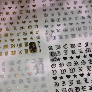 Autocollants pour Ongles Lettres Vieux Anglais LTH-019 Alphabet Gothique Cœur Étoile Décalcomanies Or Noir Argent Holographique DIY