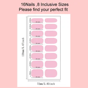 Size chart showing 16 pink cat-eye nail wraps in 8 widths from 8.5mm to 16mm
