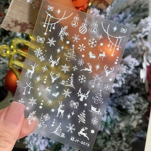 Autocollants pour Ongles de Noël 3D Blanc Mat Élan Flocon de Neige Relief Décalcomanies Ongles JY-0075 Décorations Festives
