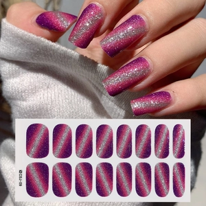 Purple and magenta gradient cat-eye nail stickers with silver glitter diagonal stripes