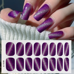 Detail of CSJ-10 purple cat-eye glitter nail polish stickers with silver shimmer effects