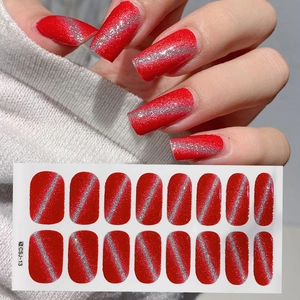 Macro view of red cat eye nail stickers CSJ-13 showing applied effect on nails