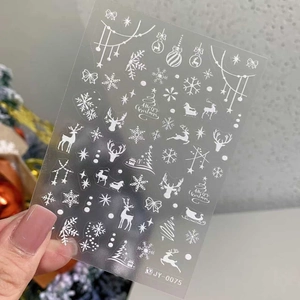 Autocollants 3D blancs mats pour ongles avec motifs rennes et flocons de neige