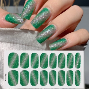 Detail of CSJ-14 green cat eye nail stickers with glitter gradient finish for manicure