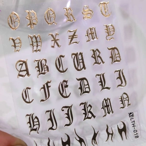 Gothic gold metallic alphabet nail stickers with flame patterns model LTH-018