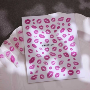 Detail view of pink lip print nail stickers SW-CS199 on white base with realistic application