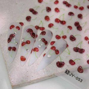 Stickers ongles cerise 3D JY-053 avec feuilles vertes et strass sur ongles pointus